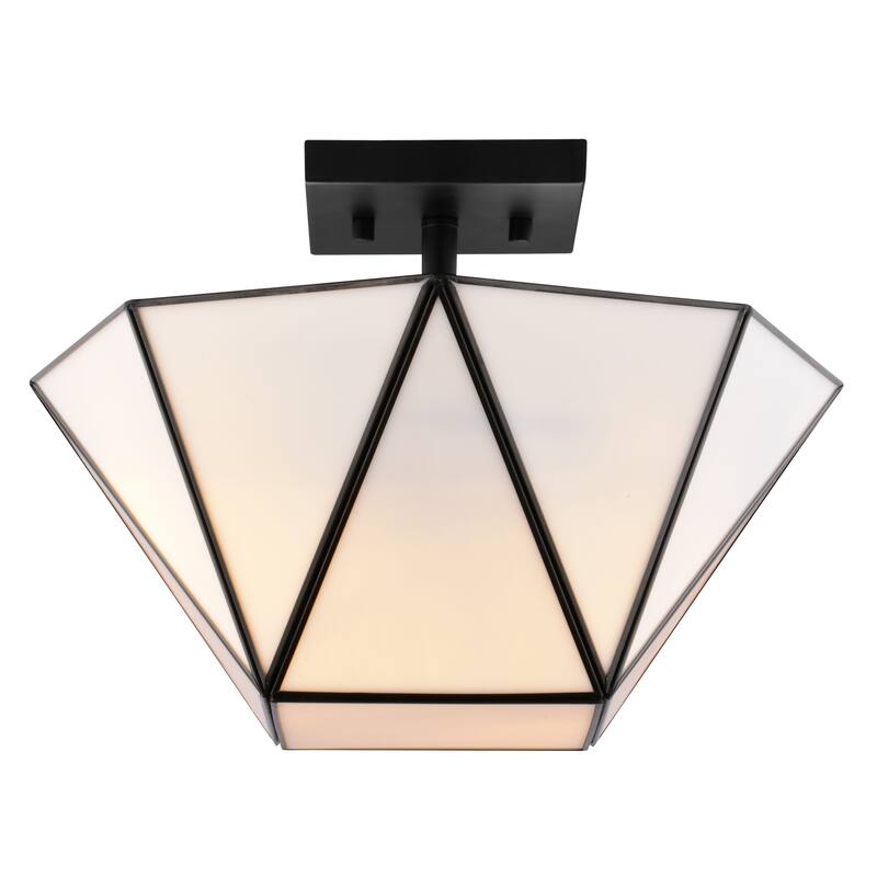 Burnett 2-Light Mid-Century Modern Semi Flush Mount Lighting Ceiling Fixture, White Tiffany Glass Shade for Entryway