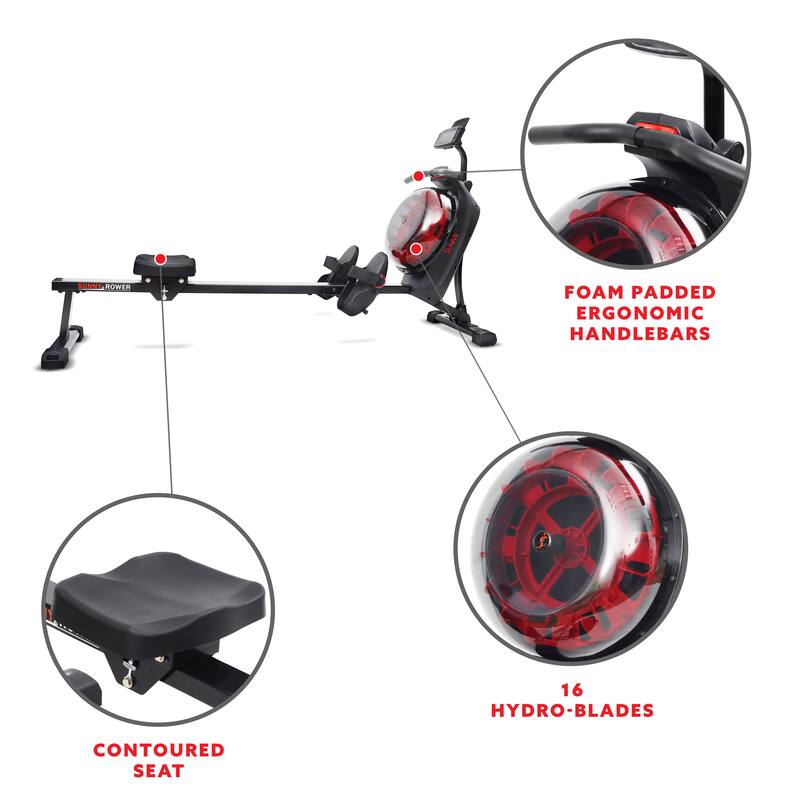 Sunny Health & Fitness Hydro Dual Resistance Smart Magnetic Water Rowing Machine in Black - SF-RW522017BLK