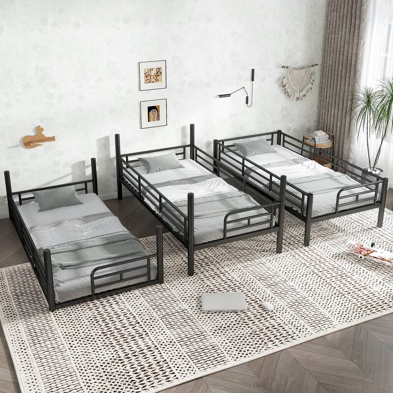 Twin over Twin over Twin Bunk Bed, Metal Triple Bunk Bed with Safety Guardrails, Heavy-duty Bunk Bed with Noise-reduced Design