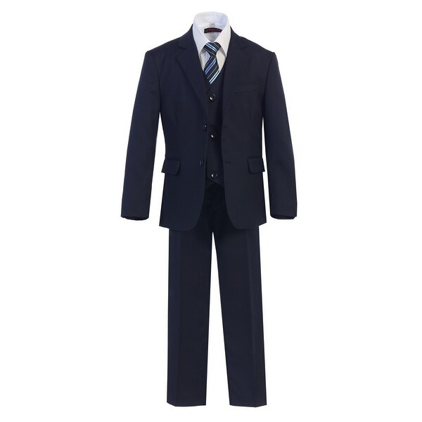 Boys Navy 2 Buttons Formal 5 Pcs Vest Shirt Tie Suit