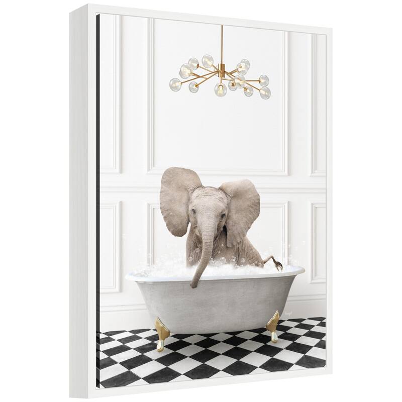 Kate and Laurel Sylvie Elephant in Gray Bathtub on Checker Floor Framed Canvas by Amy Peterson - White