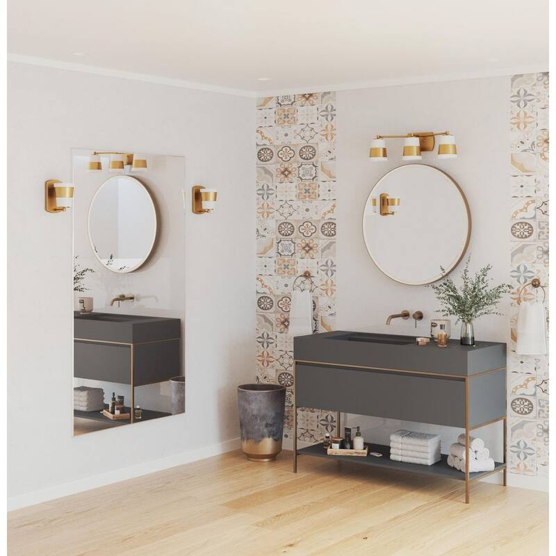 Haven Collection Three-Light Vintage Brass Opal Glass Luxe Industrial Bath Light - 24 in x 6.75 in x 7 in