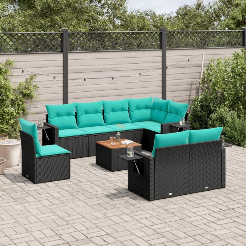 vidaXL 9 Piece Patio Sofa Set with Cushions Black Poly Rattan - 24.4 x 24.4 x 27.2 - Black-3x middle+ corner + table