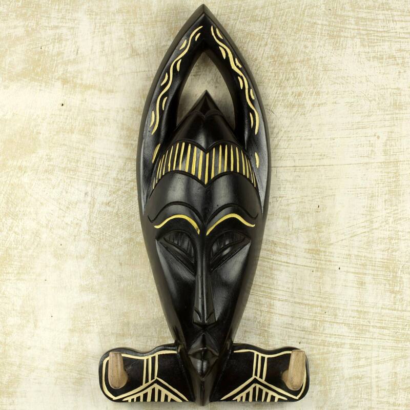 Handmade Blessed Face Wood key holder (Ghana) - 14.75" H x 7.75" W x 4.7" D