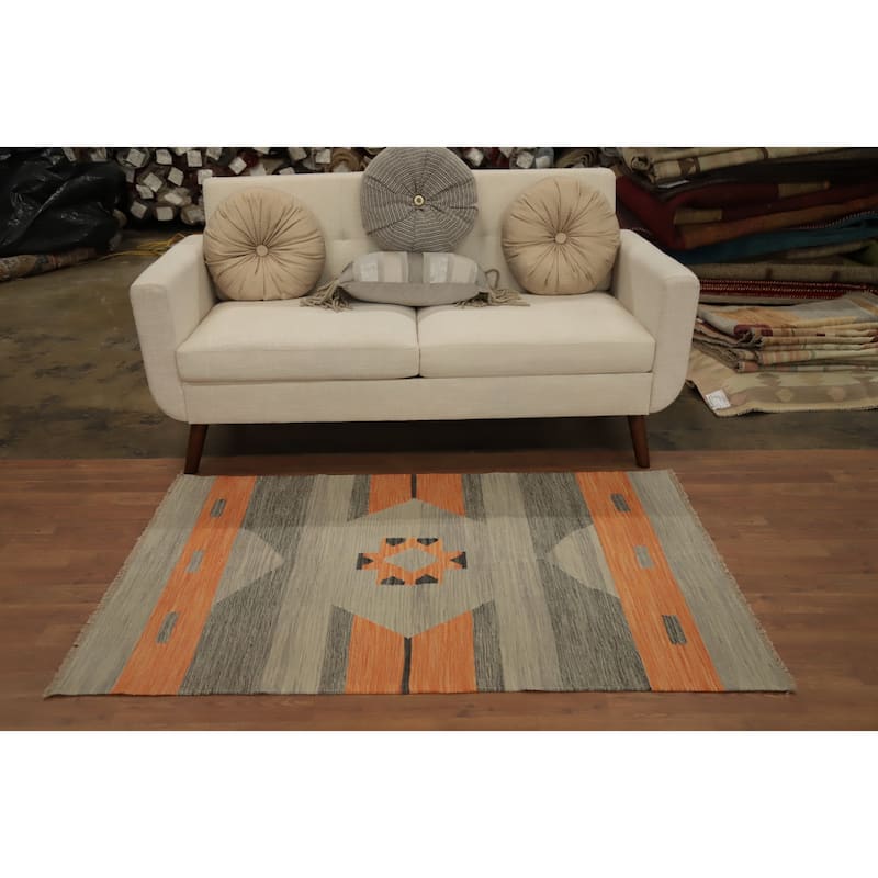 Hand Woven Oriental 100% Wool Carpet Southwestern Modern Greys & Charcoal Kilim Area Rug - 5' 0'' X 3' 3''
