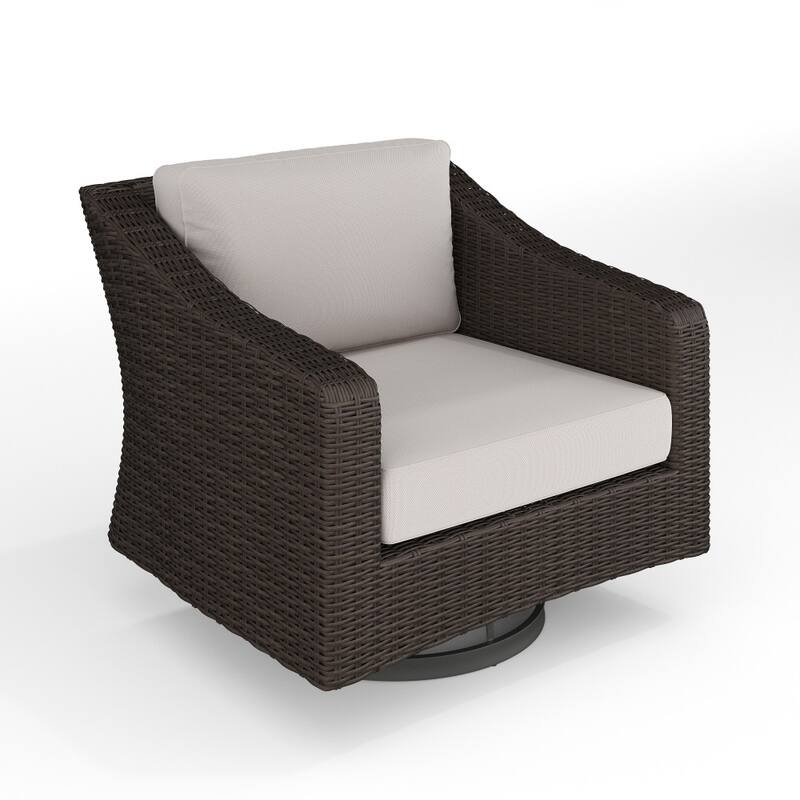 Martha Stewart Outdoor Rattan Wicker Swivel Chair with All-Weather Cushions - 34"D x 32"W x 30"H - Tan Cushions/Brown Frame