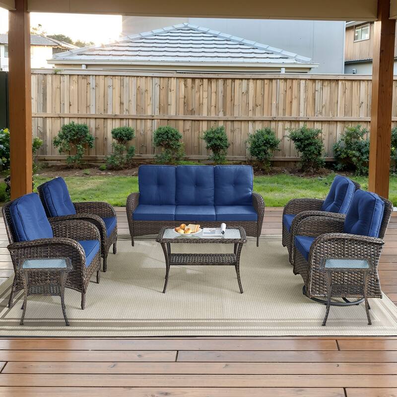 Gymojoy Outdoor Wicker Patio Furniture Sofa & Chair Set - Luxurious Comfort, Weather-Resistant - Sofa Set - included Swivel Chairs & Club Chairs - Brown Wicker / Blue Cusion