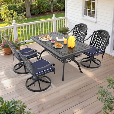 5-Piece Aluminum Rectangular Outdoor Patio Dining Set, 4 Cushioned Swivel Chairs, Table, All-Weather Frames