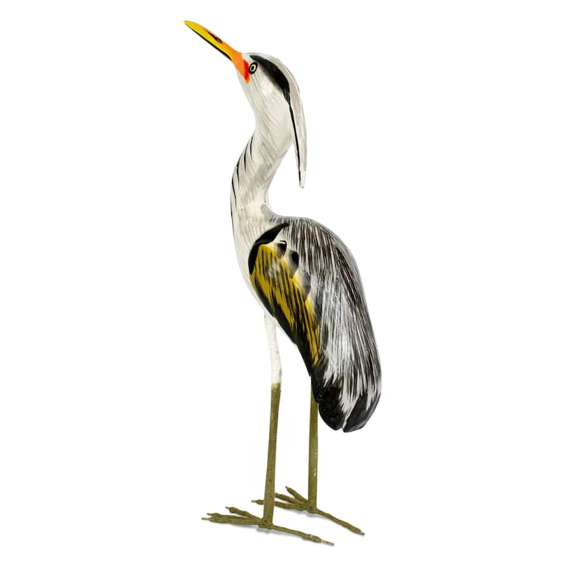 Wood Great Blue Heron Figurine - Hand Carved Coastal Bird Sculpture, Elegant Wading Bird Decor - 11" tall x 6" wide x 2.2" deep