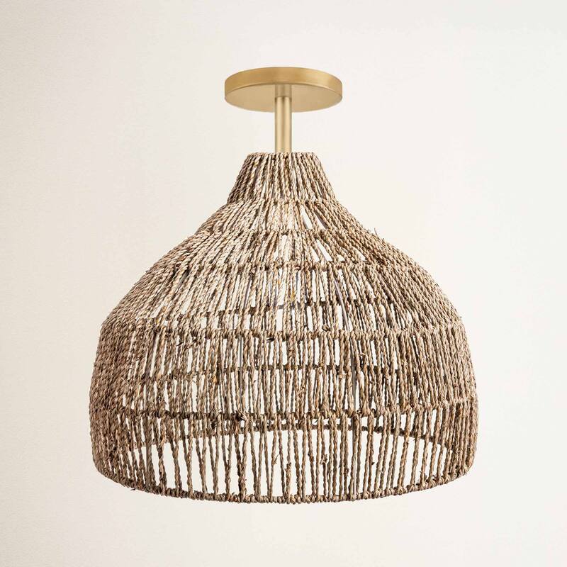 Dreamy Palm Fibers Pendant Light - Natural Dome 1-Light Handwoven Rattan Hanging Light For Modern, Boho, Farmhouse Room Decor - 24" - Brass Gold Flushmount