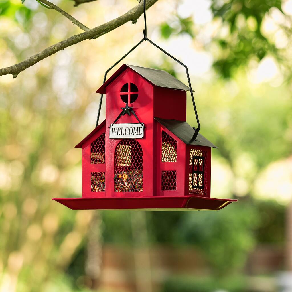 Glitzhome 12"H Metal Red House Hanging Birdfeeder