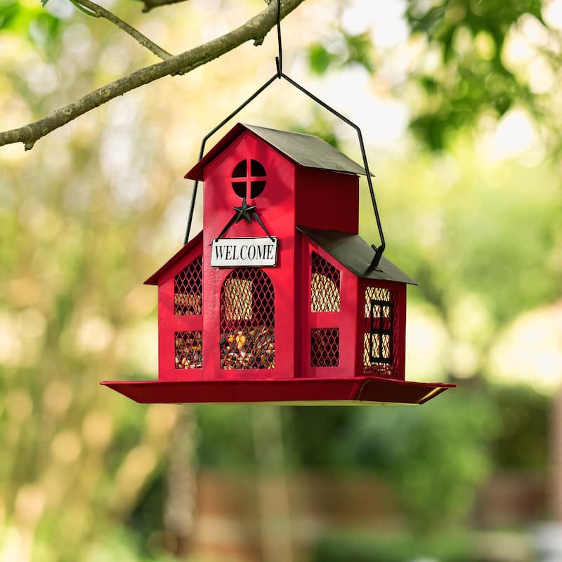 Glitzhome 15.75"H Solid Wood Gazebo Tray Birdfeeder With Metal Roof