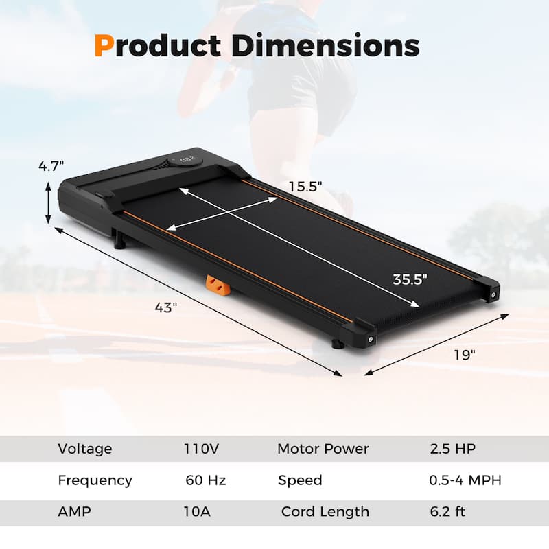 Compact Under Desk Treadmill for Home Office with 2.5HP Motor and Dual Shock Absorption - 43" x 19" x 4.7"