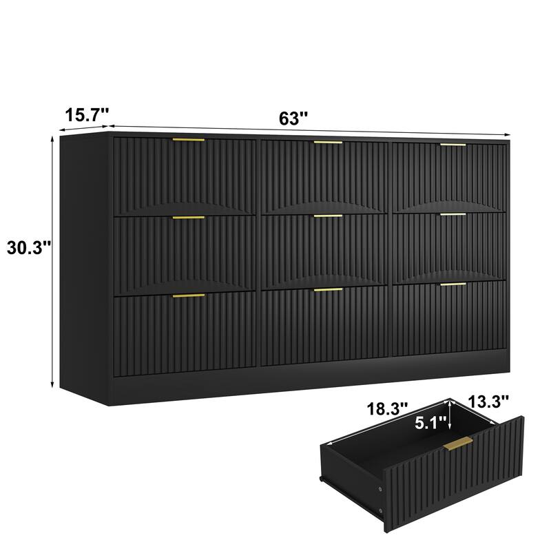 Modern 9 Drawer Dresser with Wavy Drawer Fronts, 63 Inch Wide Wooden Chest of Drawers for Bedroom Living Room