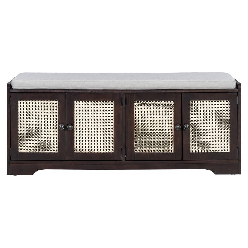 Roomfitters Large Entryway Storage Bench, Boho Rattan Cabinet, Shoe Organizer Seat, Adjustable Shelves