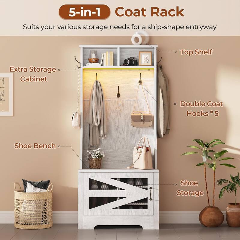 Hall Tree w/ Bench Shoe Storage Shoe Cubby Barn Door Adjustable Shelf