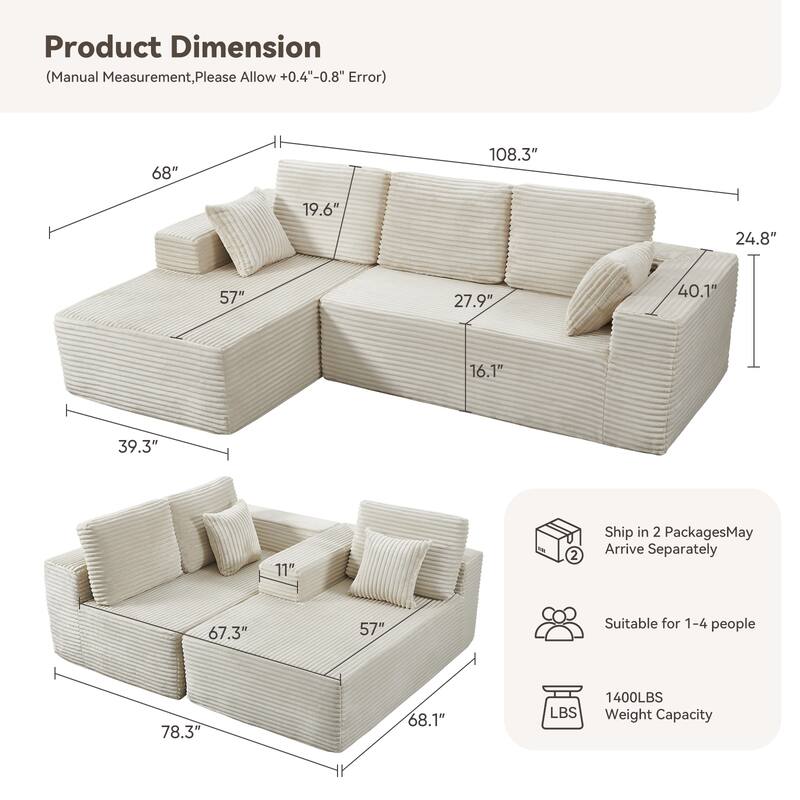 Pocassy L-Shape Loveseat Sofa Couch Living Room Futon Couch - 1 Set