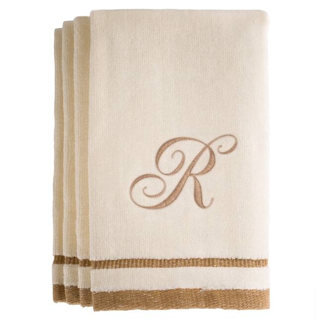 Monogrammed Ivory Fingertip Towel Set of 4 Embroidered with Initial - R