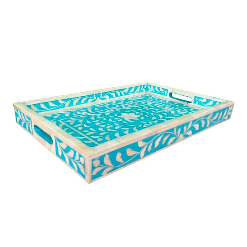 Floral Bone Inlay Serving Tray in Blue