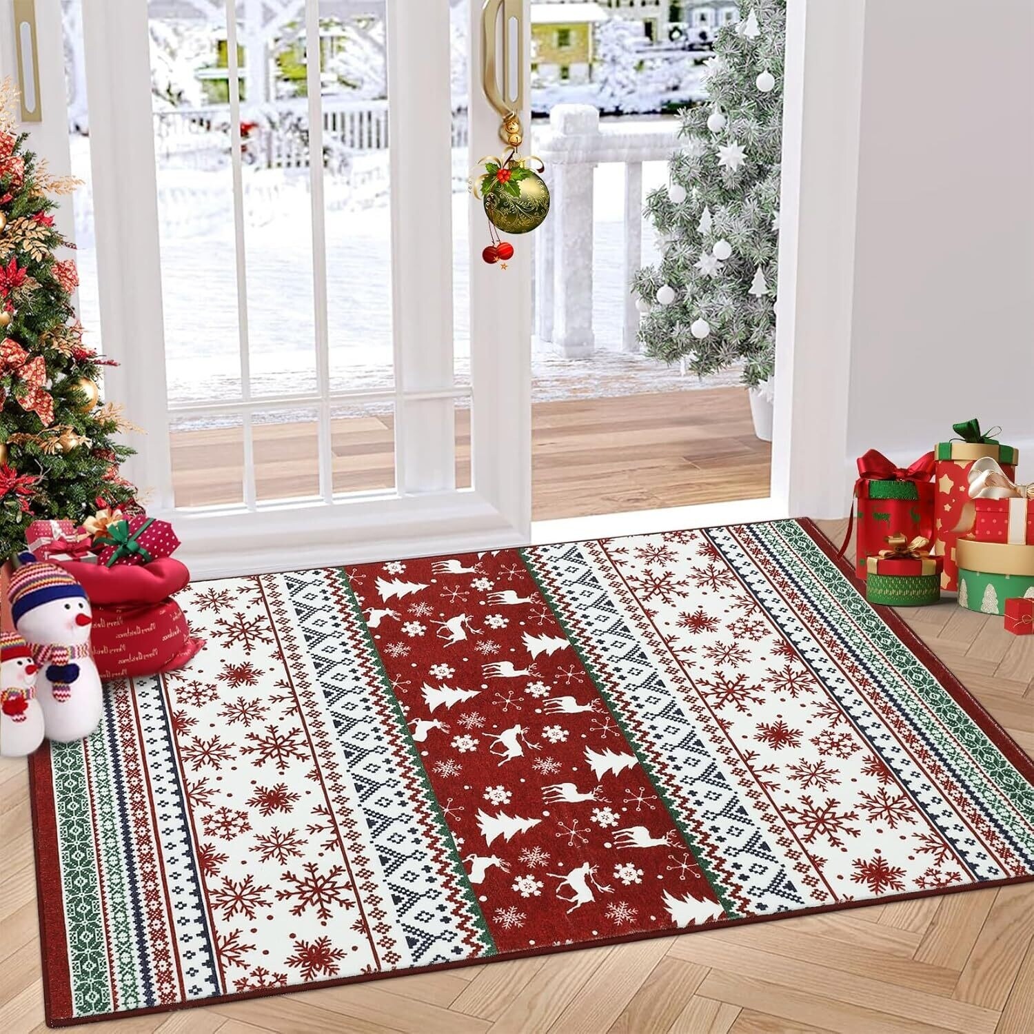 Washable Vintage Boho Christmas Area Rug, Low Pile - 1'6