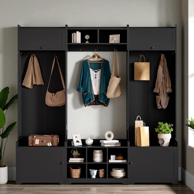 79.1'' Wide Modern 4-in-1 Hall Tree with Bench, 8 Cubbies, Adjustable Shelves & 7 Hooks for Entryway, Hallway, Living Room - Black
