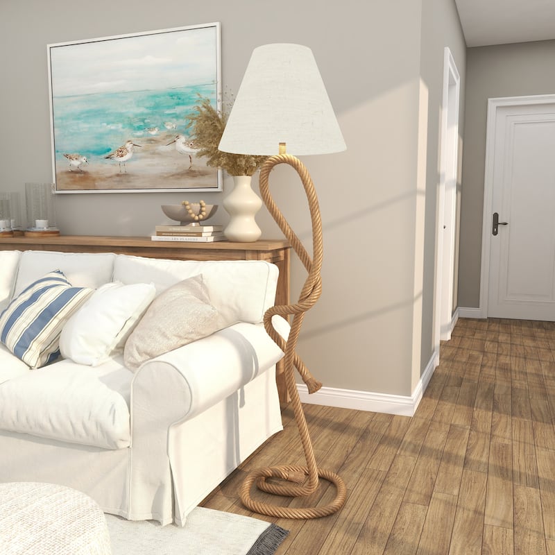 Brown Jute Rope Twisted Rope Room Floor or Table Lamp with Cream Linen Shade