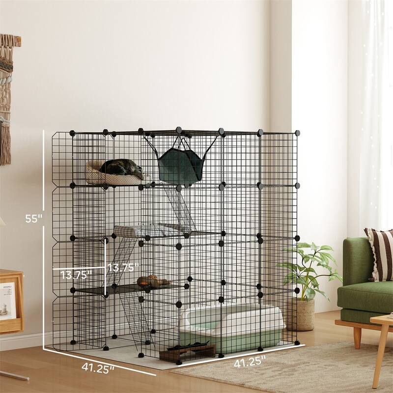 Black Steel and PP 4-Tier Cat Cage with Ramps, Platforms and Doors