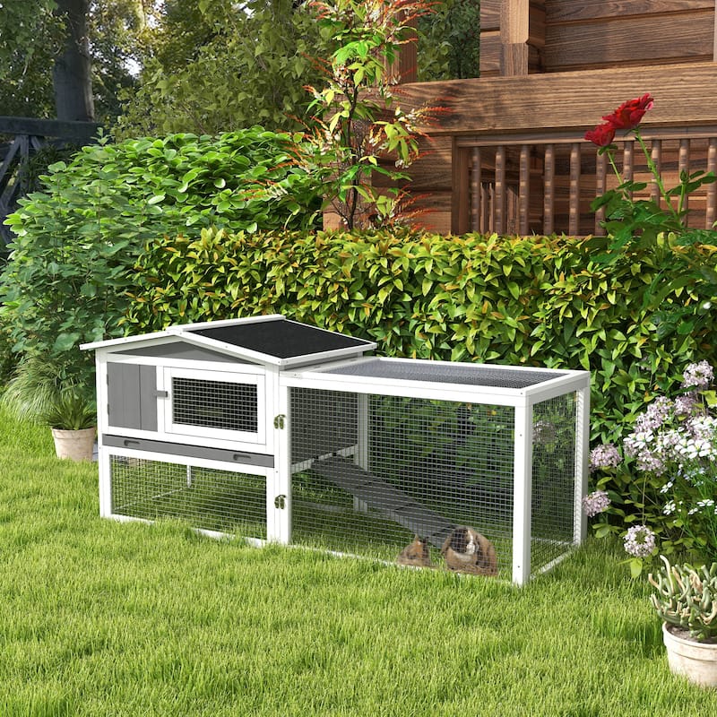 Outdoor Bunny Hutch with Waterproof Roof and Large Run Ramp Feeding Trough for 1-2 Small Animal - 61.5"L x 22.75"W x 26.75"H