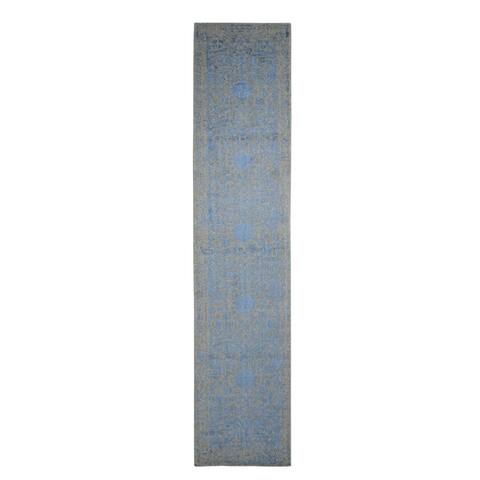 Shahbanu Rugs Blue Jacquard Hand Loomed Wool and Art Silk Pomegranate Design Runner Oriental Rug (2'5" x 10'0") - 2'5" x 10'0"
