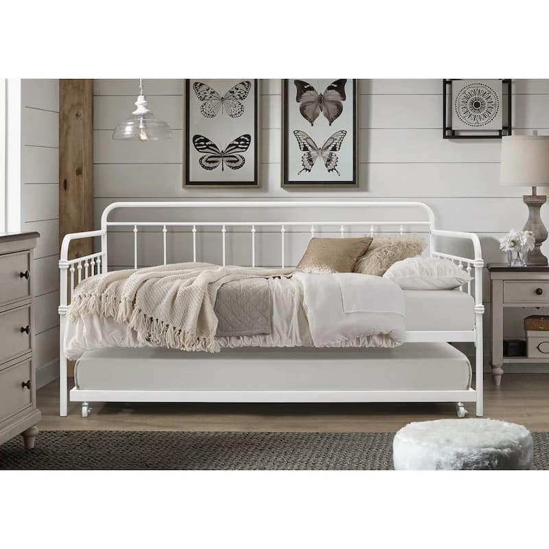 Twin size Rounded Iron Daybed with Roll Out Trundle Bed Frame