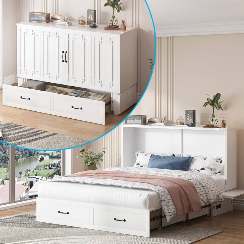 Mixoy Queen Size Murphy Bed with Mattress,Foldable Space-Saving Cube Cabinet Bed - White - Queen