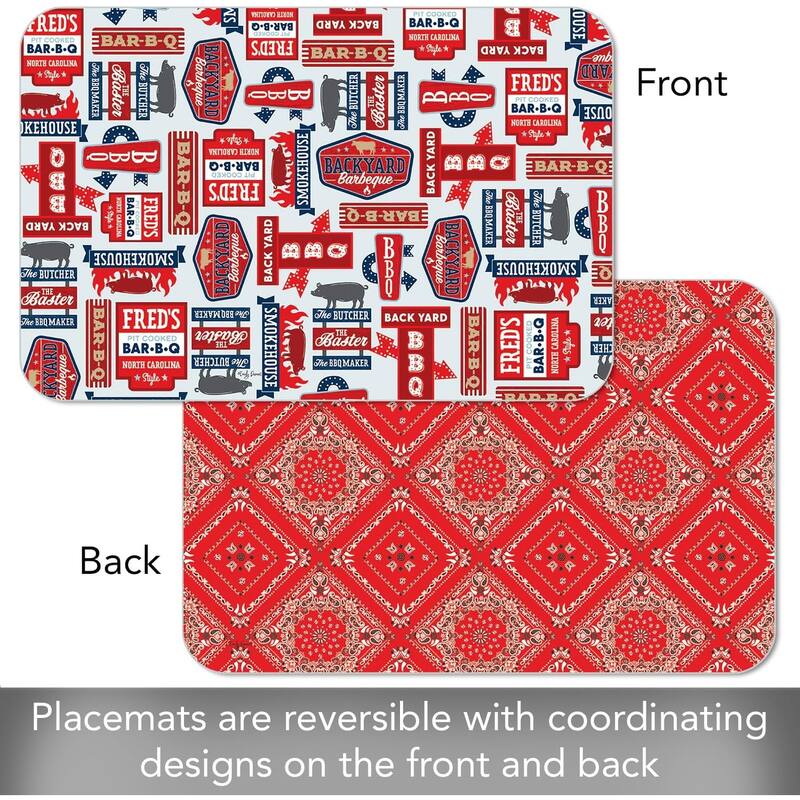 BBQ Life 4 Pack Reversible Easy Care Flexible Plastic Placemats Made in The USA BPA Free Easily Wipes Clean
