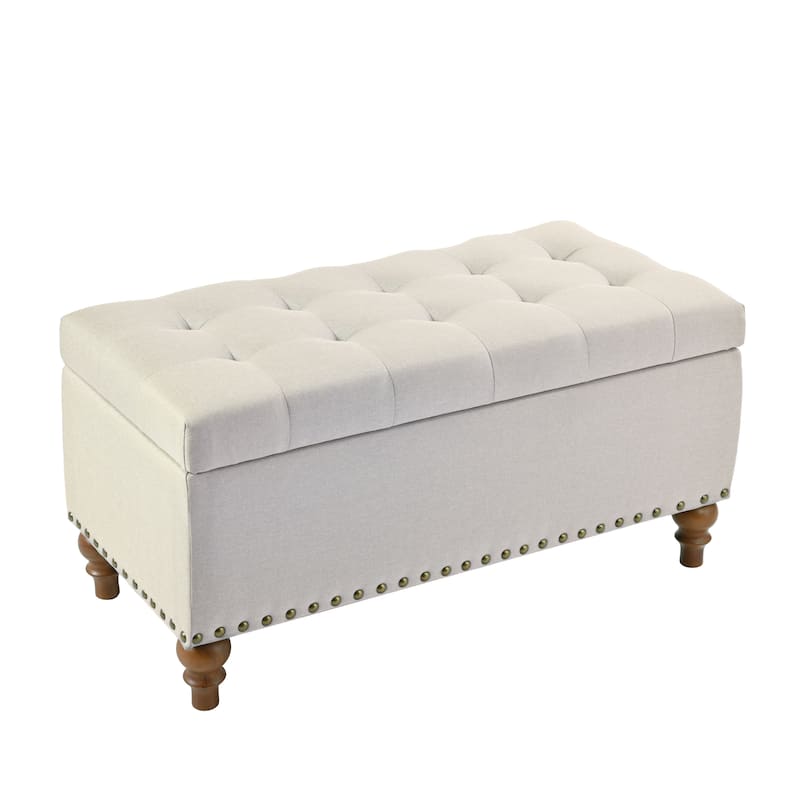 Linen Fabric Storage Ottoman Bench, Multi-Functional Storage Ottoman, End of Bed Bench with Hidden Hinge Lid & Rivet Trim