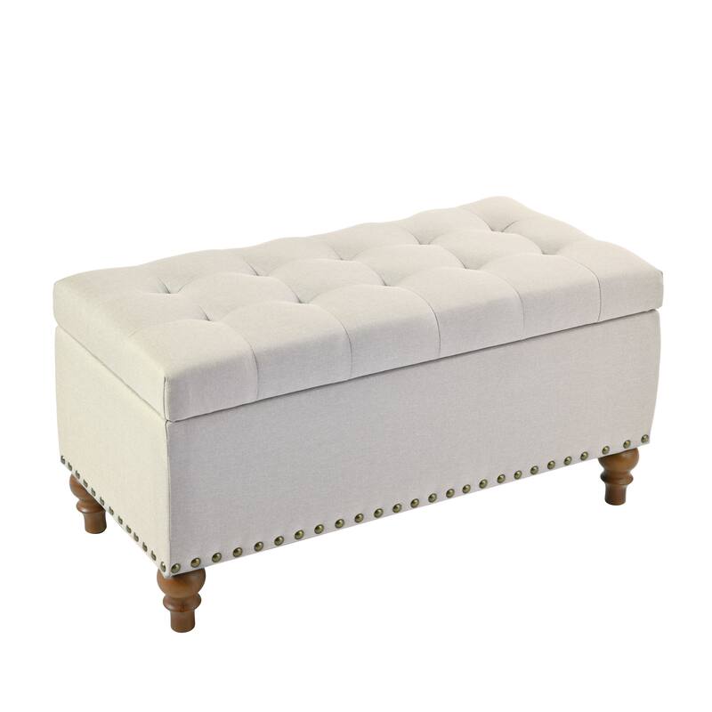 Linen Ottoman Storage Bench with Rivet Trim Around