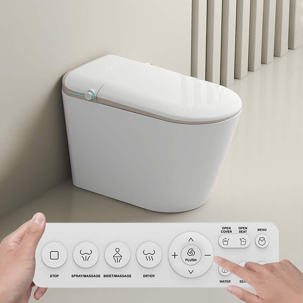 Yulika Elongated Smart Toilet Bidet in Auto Open, Auto Flush Heated Seat and Warm Air Dryer - gold