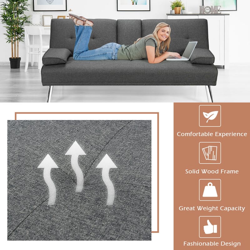 Gymax Fabric Folding Convertible Futon Sofa Bed with 2 Cup Holders - See Details