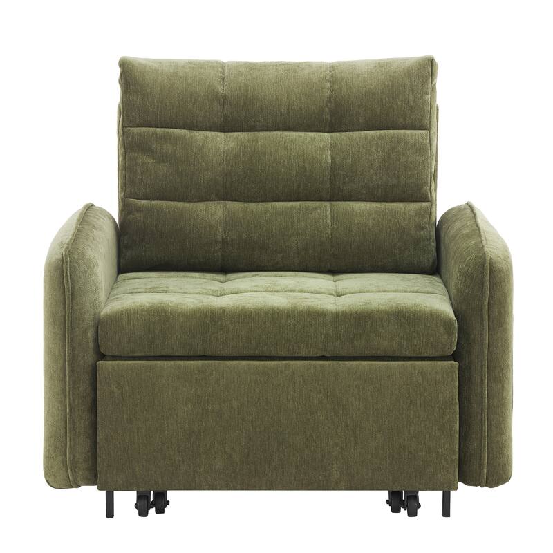 Convertible 3-in-1 Chair Bed Extra Long Pull Out Sleeper Lounge with USB Charging, Pockets, Tufted Design Chenille Single Sofa