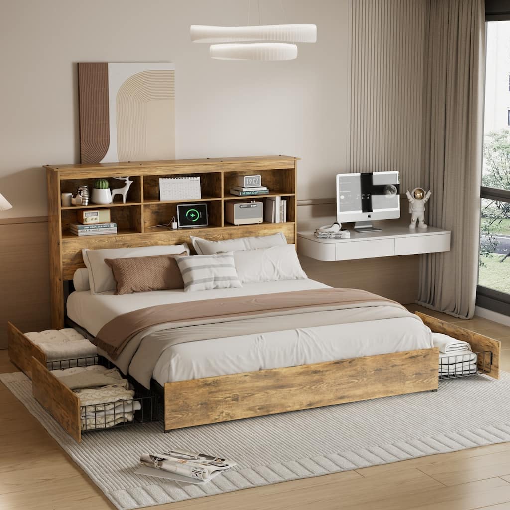 VECELO Storage Bed Frames Farmhouse with 50" Tall Storage Bookcase Headboard Charging Station 4 Drawers and Metal Frame Support