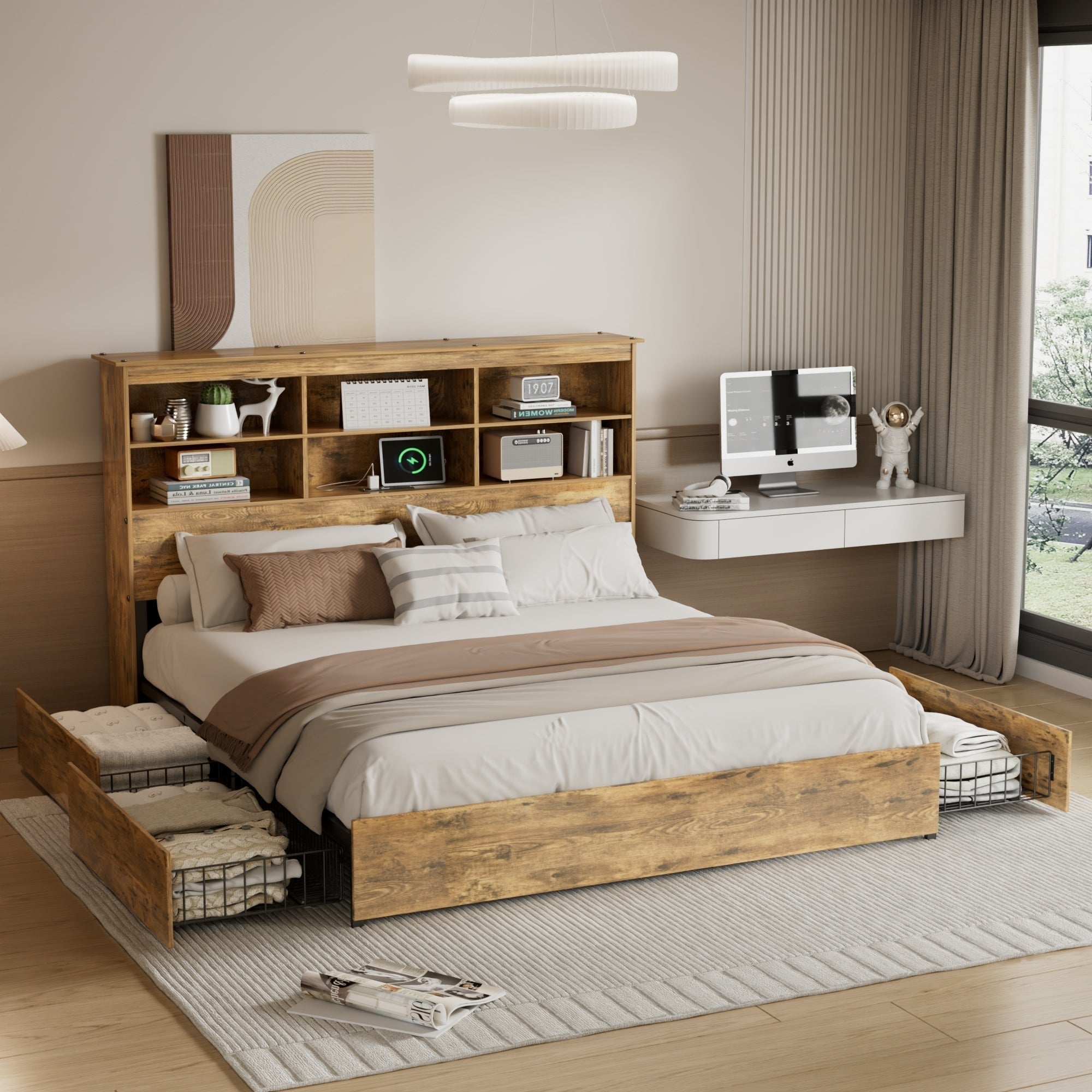 VECELO Storage Bed Frames Farmhouse with 50" Tall Storage Bookcase Headboard Charging Station 4 Drawers and Metal Frame Support