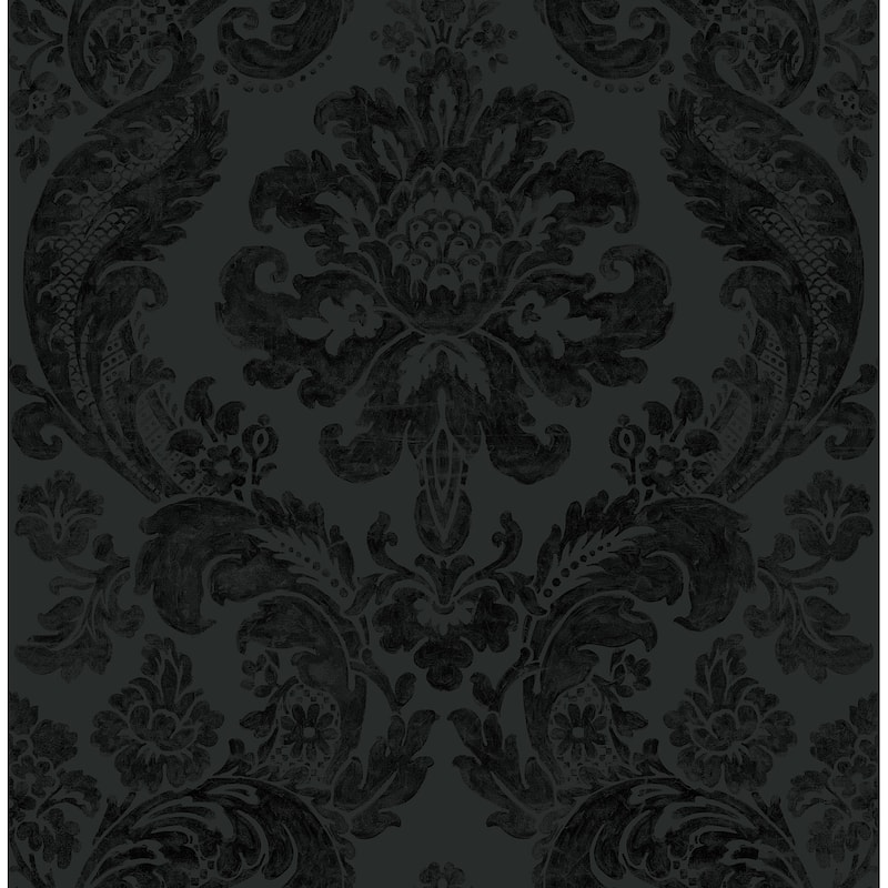 A-Street Prints Shadow Black Flocked Damask Wallpaper