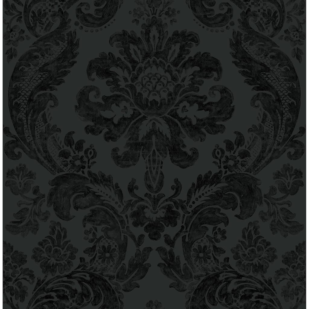 A-Street Prints Shadow Black Flocked Damask Wallpaper