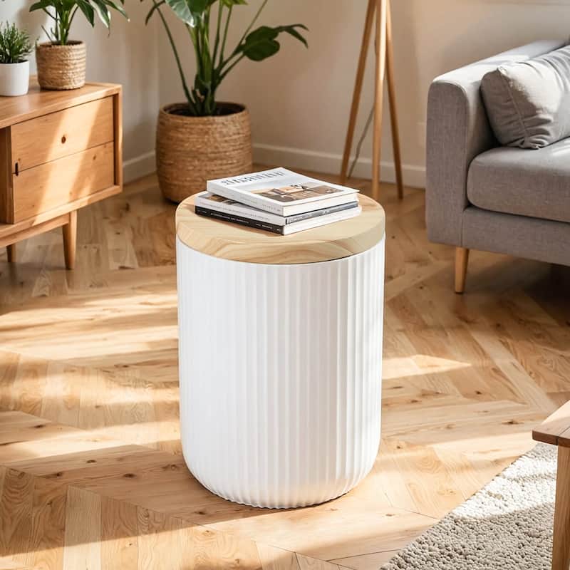 EROMMY Outdoor Side Table with Storage, Round Accent Table for Indoor and Outdoor Use, Rustic Side Table with Storage - Solid - White