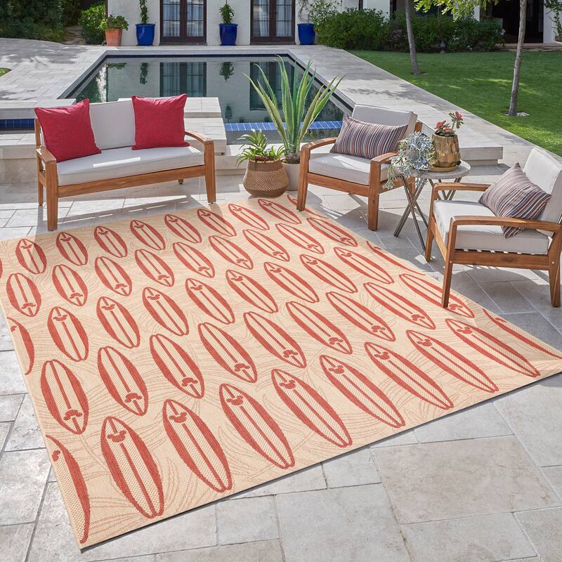 Disney Licensed Mickey Mouse Indoor Outdoor Flatweave Area Rug Tropical Surfing Polypropylene Coastal Accent Rug