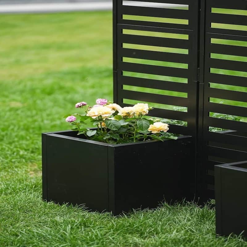 3-Panel 51x70x31 Inch Freestanding Privacy Screen with Planter Boxes Metal Garden Fence 4 Integrated Raised Planters Black