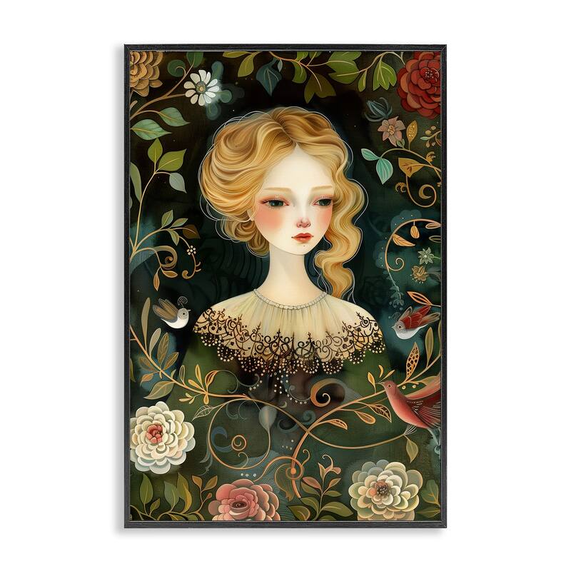 Stupell Victorina Woman with Florals Framed Giclee Art Design By The Dutch Lady - 16 x 24 - Black