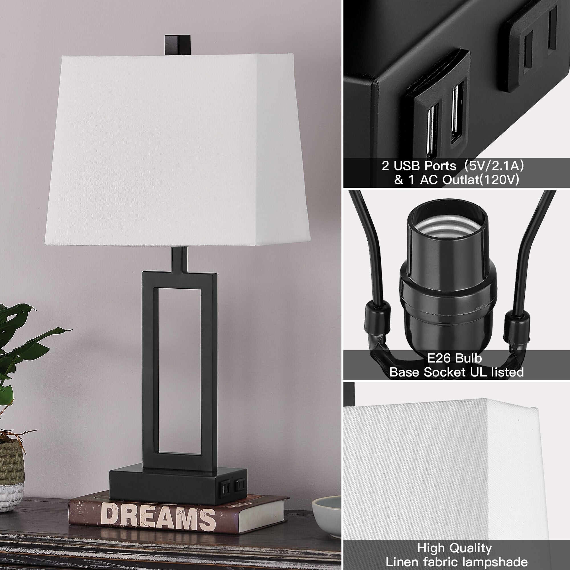 大好き Black Metal Table Lamp with Door-frame Style White Shade 蛍光灯・電球