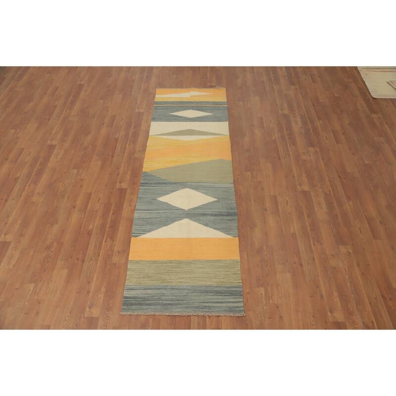Hand Woven Oriental 100% Wool Carpet Southwestern Modern Multi-Colored Kilim Runner Rug - 7' 10'' X 2' 3''