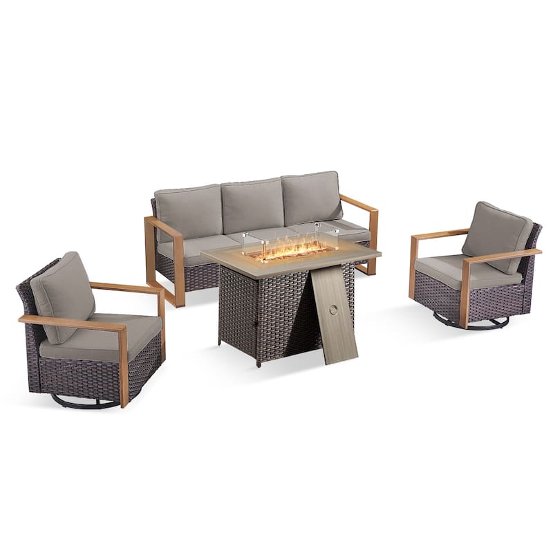 Pocassy 4 Pieces Outdoor Sofa Swivel Chair with Fire Pit Table Set