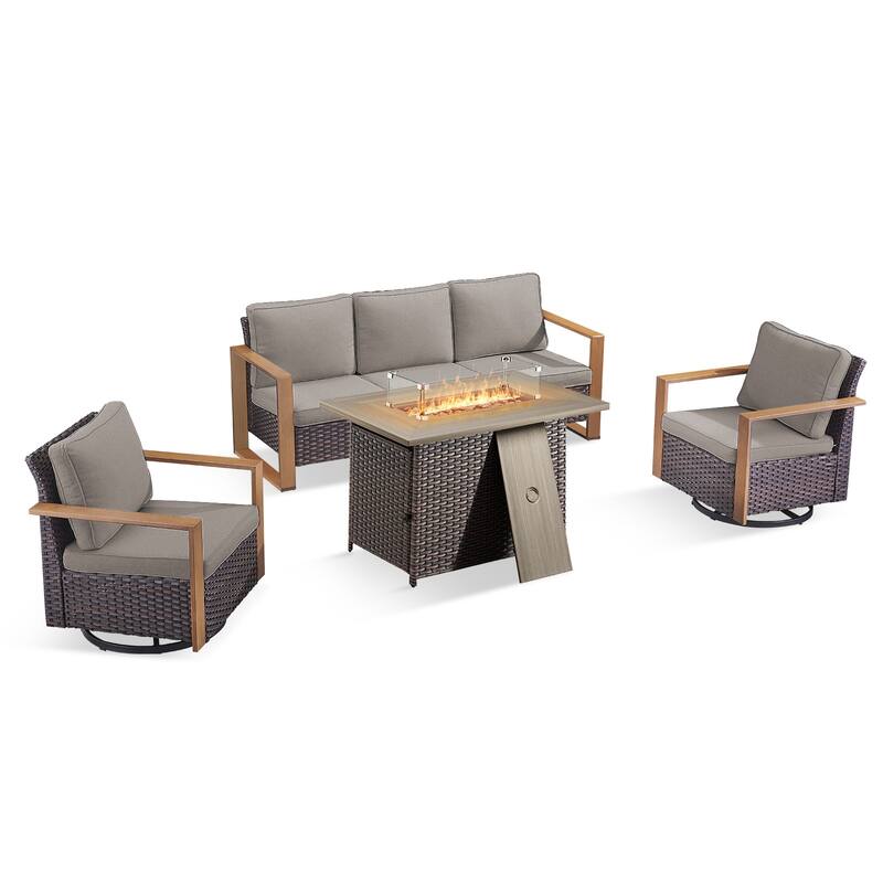 Pocassy Outdoor Wicker Sofa Swivel Chair with Fire Table Set