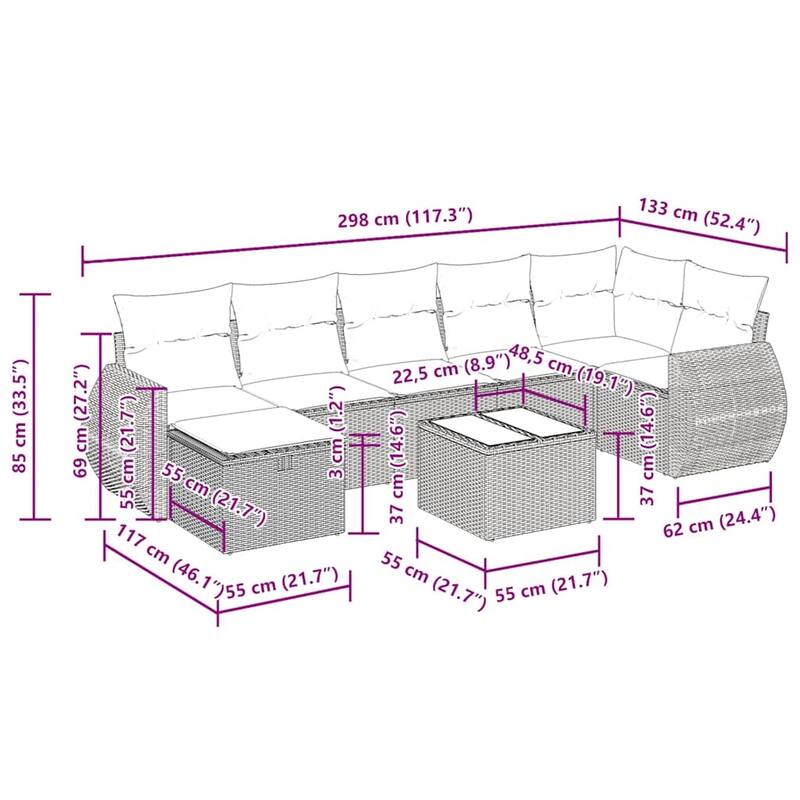 vidaXL 7 Piece Patio Sofa Set with Cushions Black Poly Rattan - 21.7 x 24.4 x 27.2